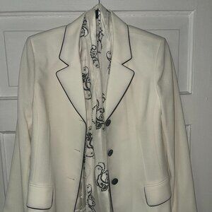 Elegant White Women's Blazer with Black trim and scarf
